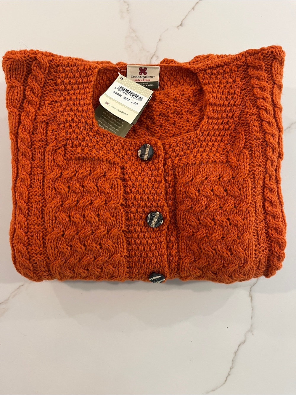Carraig Donn NEW 100% Wool Cable knit Cardigan in Orange size Large NWT - Picture 12 of 12